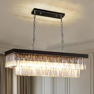 Black Crystal Chandelier, 39" Rectangular Luxury Pendant
