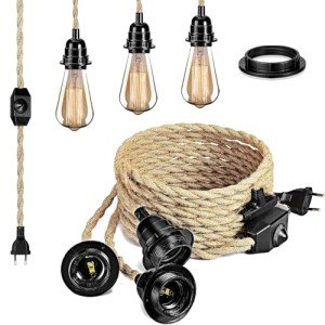 Dimmable Vintage Pendant Light Kit with Hemp Rope