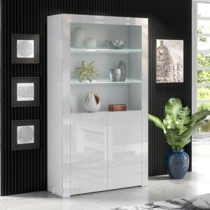 Furneo White LED Display Cabinet with High Gloss Finish