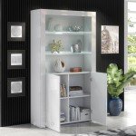 Furneo White LED Display Cabinet with High Gloss Finish