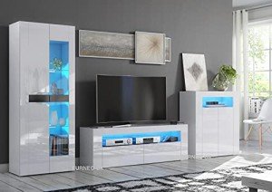 Furneo White TV Stand with Blue LED Lighting