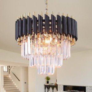 Modern 3-Tier Black and Gold Crystal Chandelier