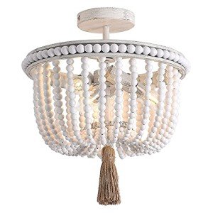 White Wood Beaded Boho Flush Mount Ceiling Light