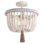 White Wood Beaded Boho Flush Mount Ceiling Light