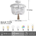 White Wood Beaded Boho Flush Mount Ceiling Light