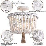 White Wood Beaded Boho Flush Mount Ceiling Light