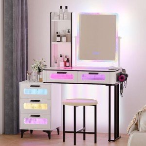 LED White Vanity Set with Mirror and Stool