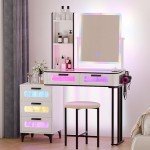 LED White Vanity Set with Mirror and Stool
