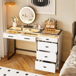 White Vanity Desk with Charging Station and Mirror