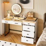 White Vanity Desk with Charging Station and Mirror