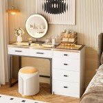 White Vanity Desk with Charging Station and Mirror