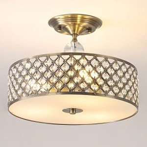 Antique Brass Crystal Semi Flush Ceiling Light
