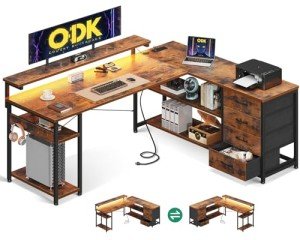 L-Shaped Gaming Desk with LED Lights and Drawers