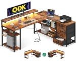L-Shaped Gaming Desk with LED Lights and Drawers