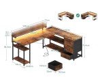 L-Shaped Gaming Desk with LED Lights and Drawers