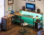 L-Shaped Gaming Desk with LED Lights and Drawers