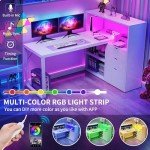 L-Shaped Computer Desk with Drawers and LED Lights