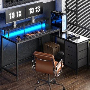 L Shaped Gaming Desk with LED Lights & Storage
