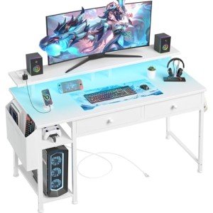 White 39-Inch Gaming Desk with Shelves and LED