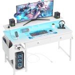 White 39-Inch Gaming Desk with Shelves and LED