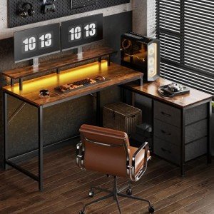 Huuger L-Shaped Gaming Desk with LED Lights