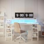 White Gaming Desk with LED Lights and Shelves