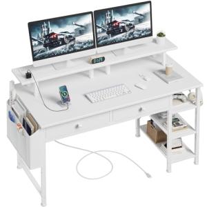 White 39-Inch Gaming Desk with Shelves and LED