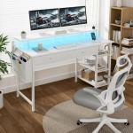 White 39-Inch Gaming Desk with Shelves and LED