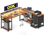 L-Shaped Gaming Desk with LED Lights and Drawers