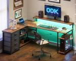 L-Shaped Gaming Desk with LED Lights and Drawers