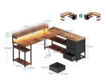 L-Shaped Gaming Desk with LED Lights and Drawers