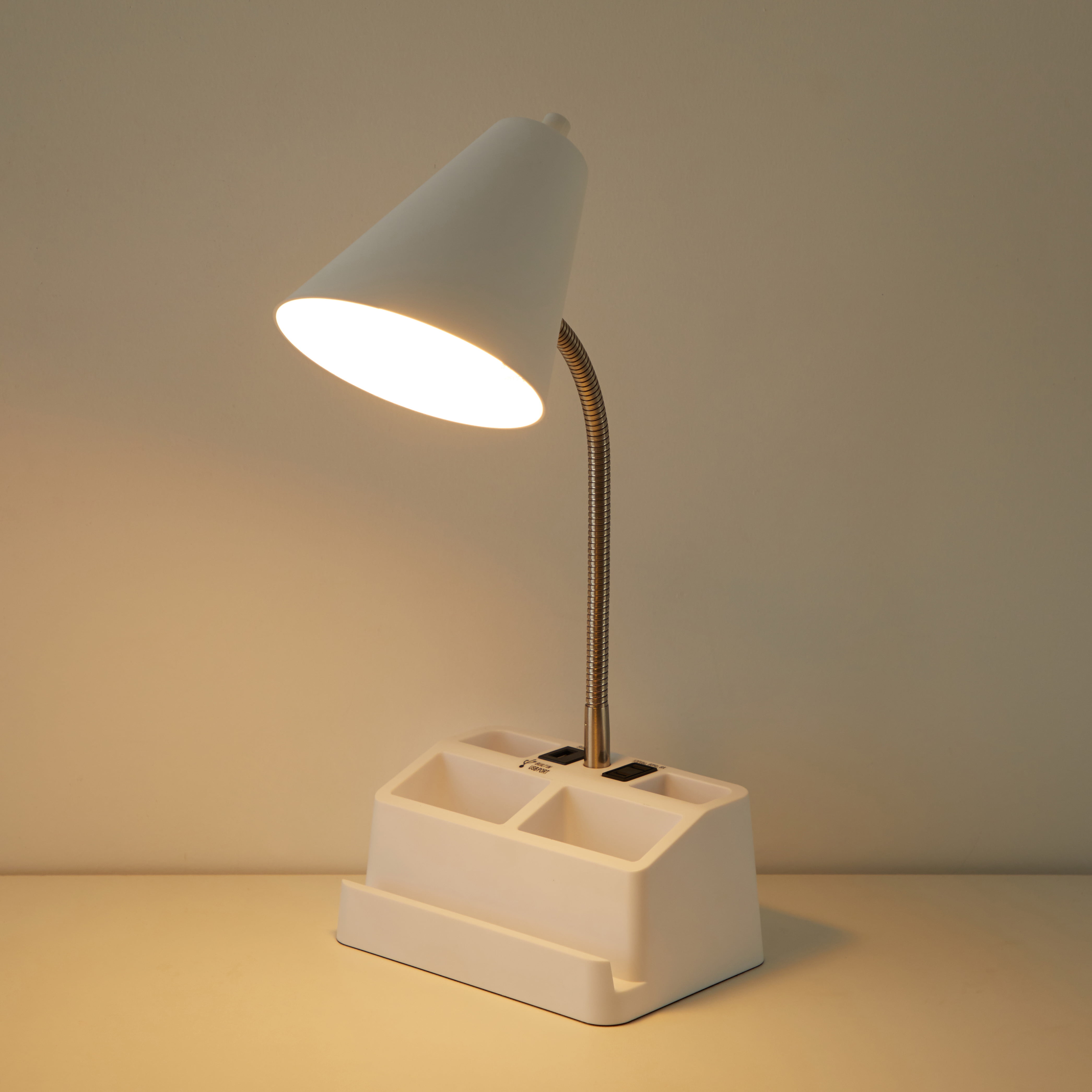 White Task Lamp with USB Port and Outlet