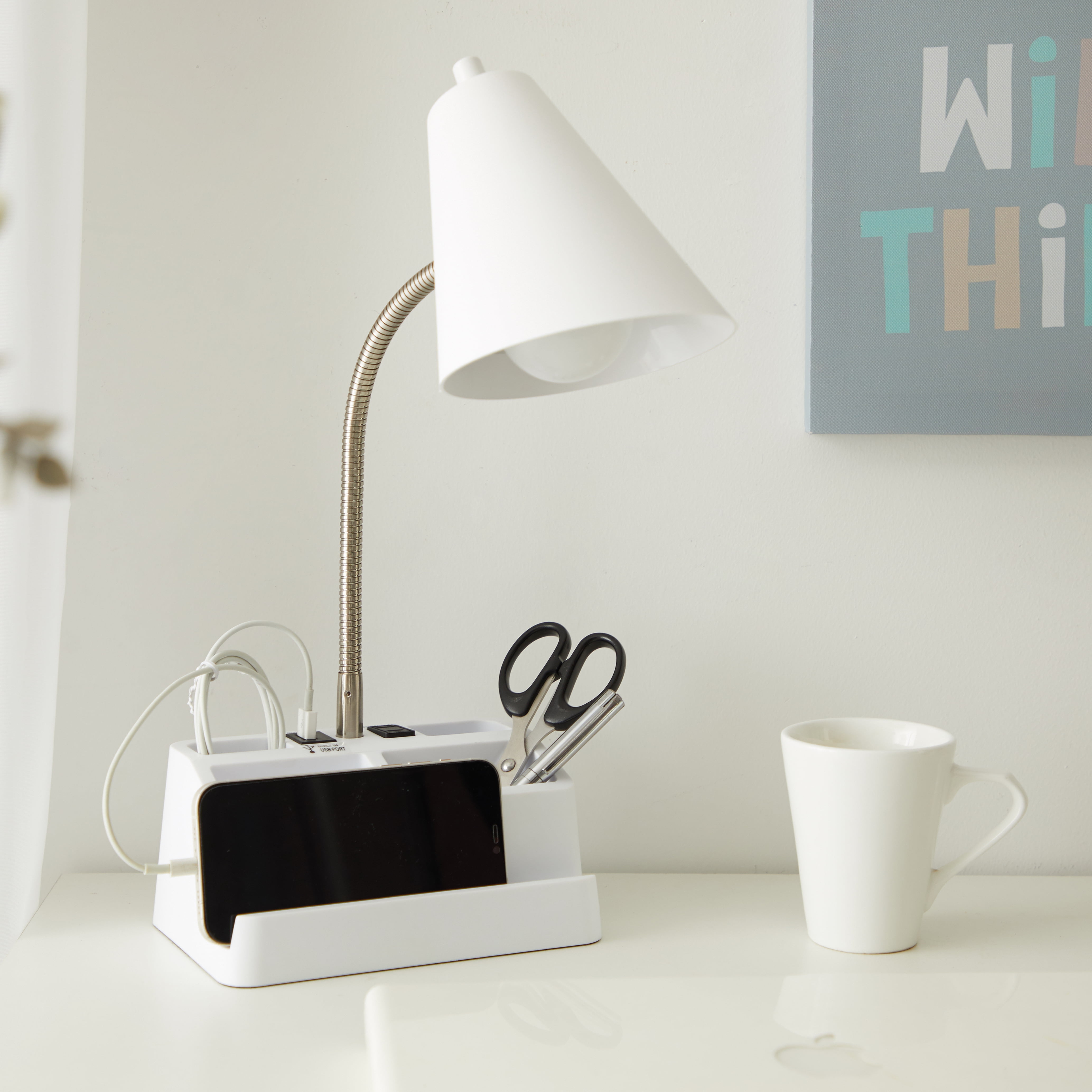 White Task Lamp with USB Port and Outlet