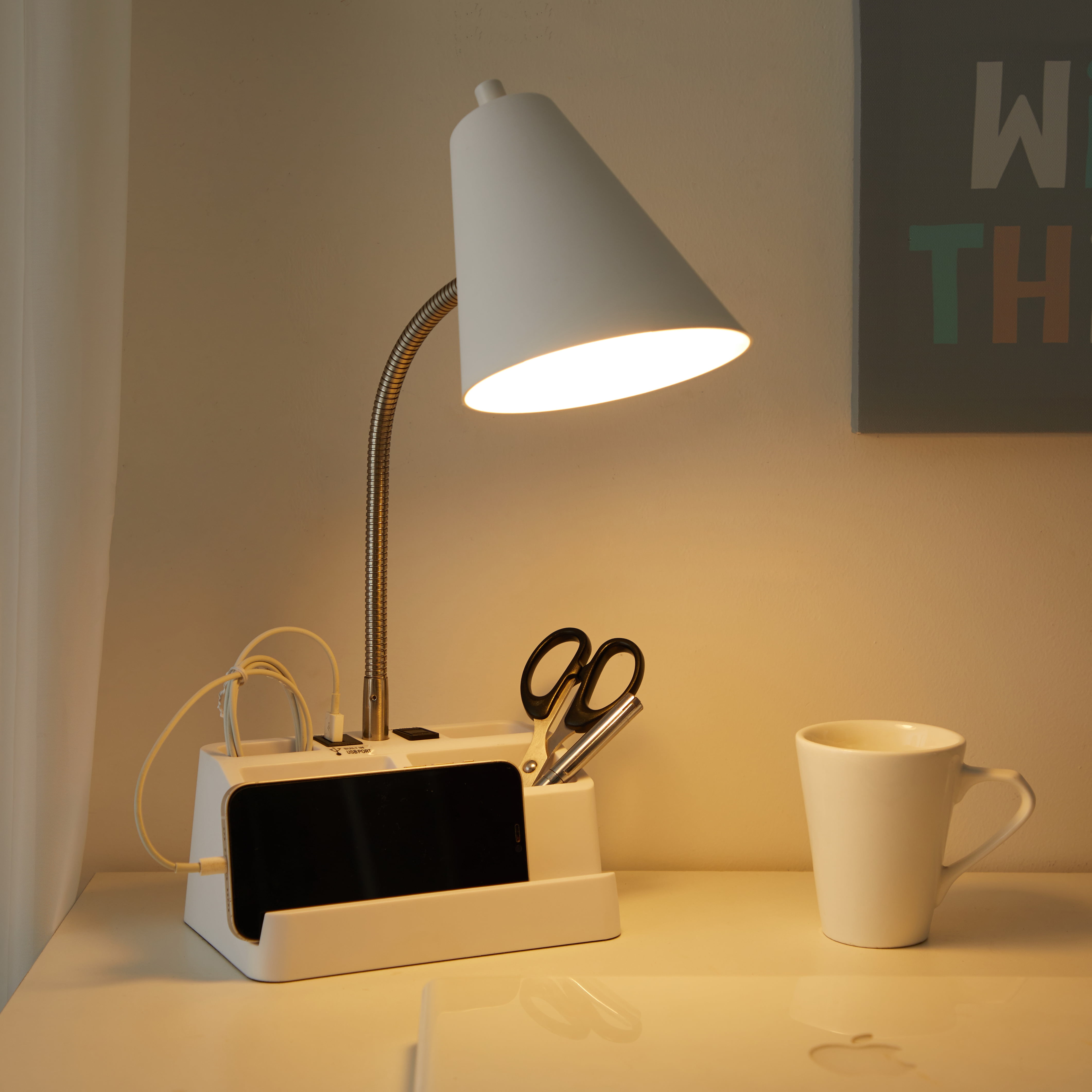White Task Lamp with USB Port and Outlet