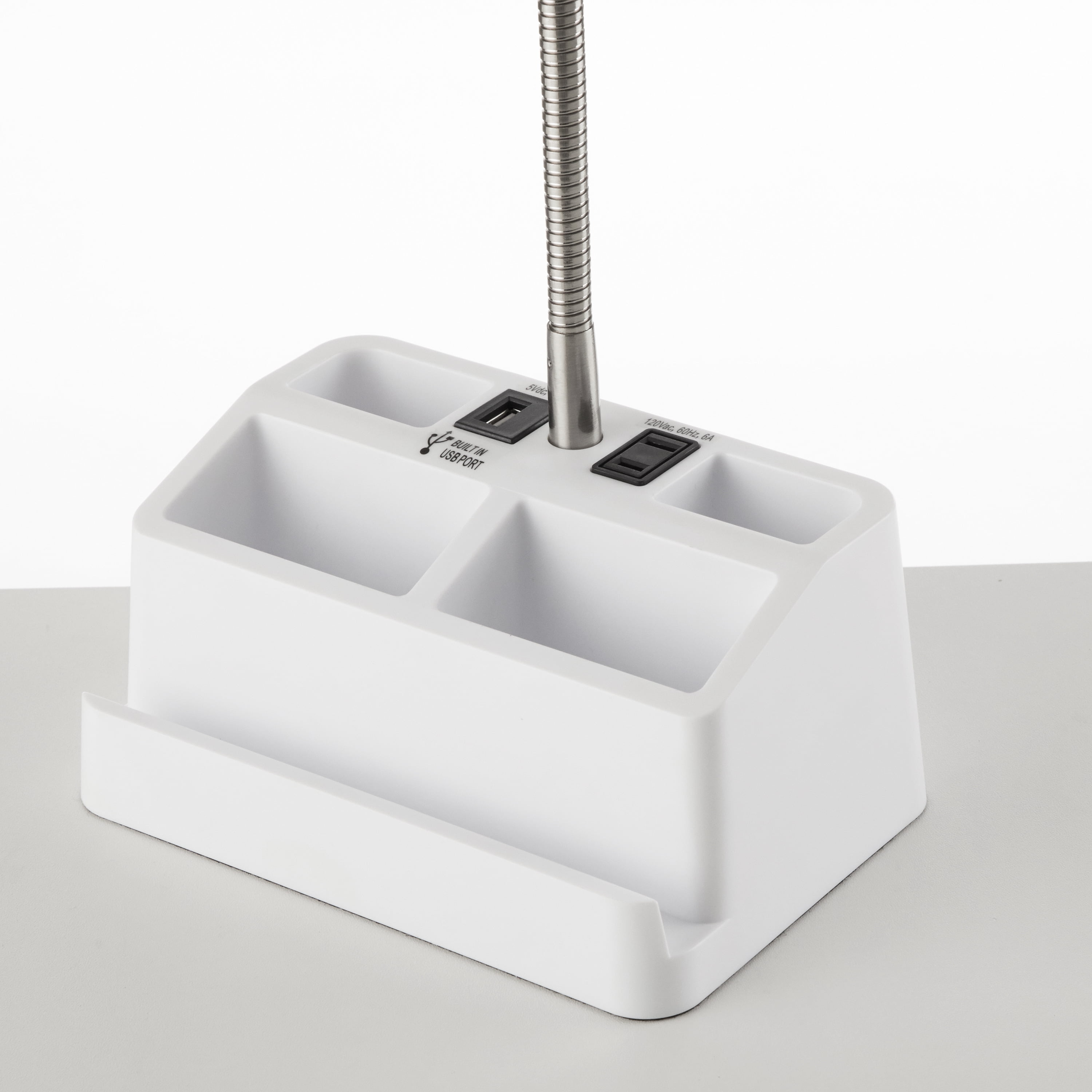 White Task Lamp with USB Port and Outlet