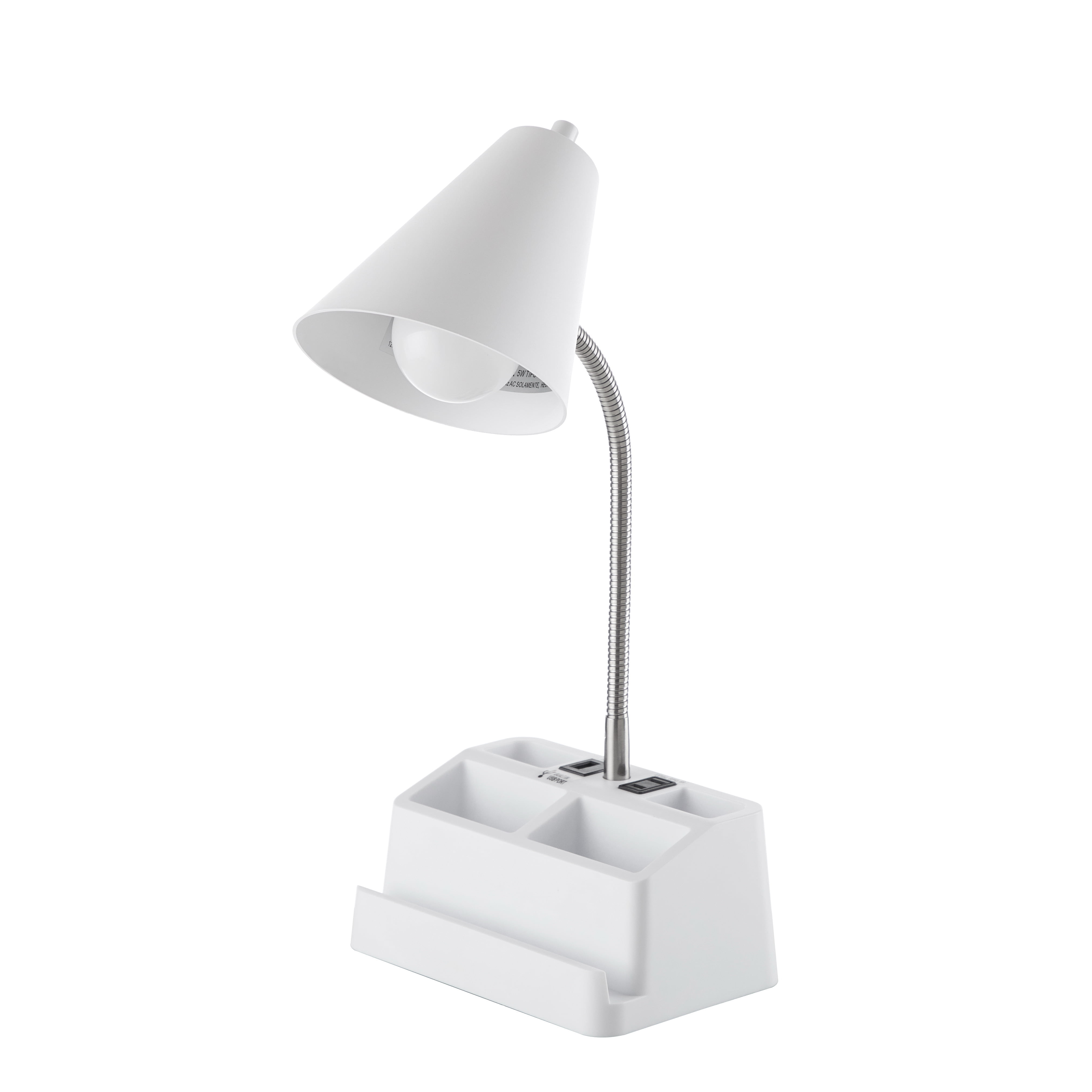 White Task Lamp with USB Port and Outlet