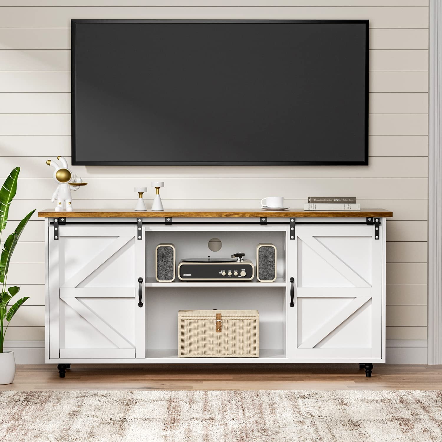 White Farmhouse Coffee Bar with Sliding Barn Door