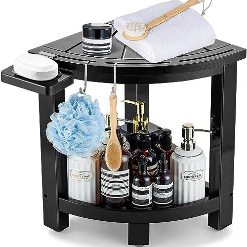 Bamboo Corner Shower Stool with Shelf & Soap Dish