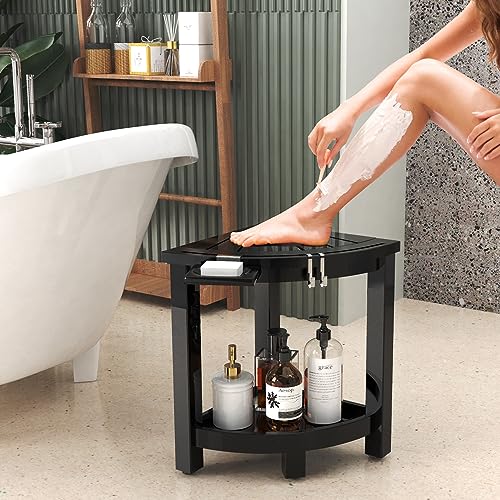 Bamboo Corner Shower Stool with Shelf & Soap Dish