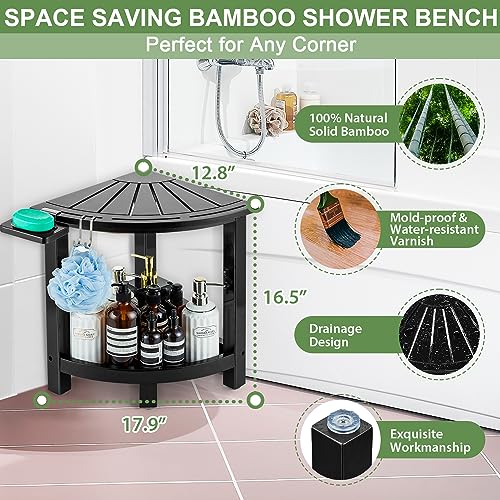Bamboo Corner Shower Stool with Shelf & Soap Dish