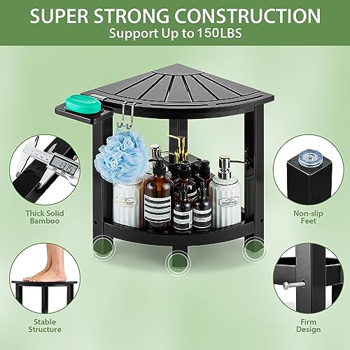 Bamboo Corner Shower Stool with Shelf & Soap Dish