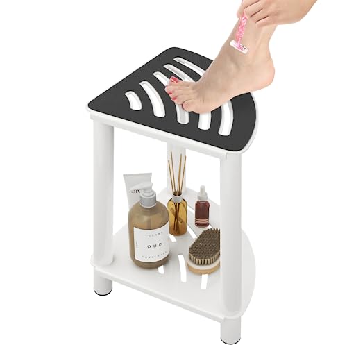 White Non-Slip Corner Shower Stool with Storage Shelf