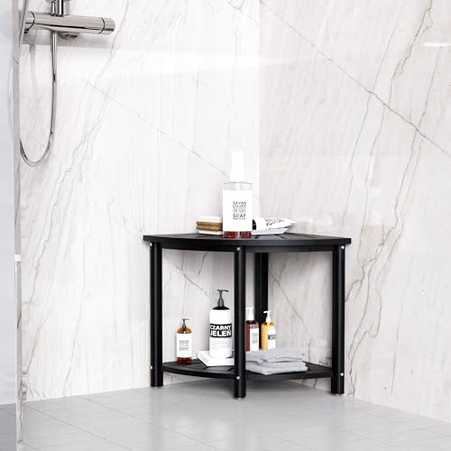 Bamboo Corner Shower Bench with Storage Shelf, Waterproof