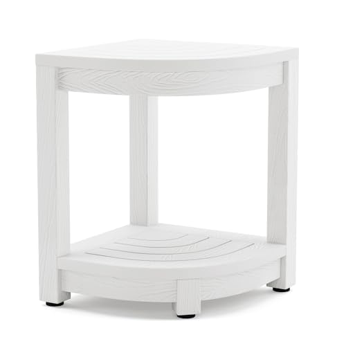 White HDPS Corner Shower Stool with Storage Shelf