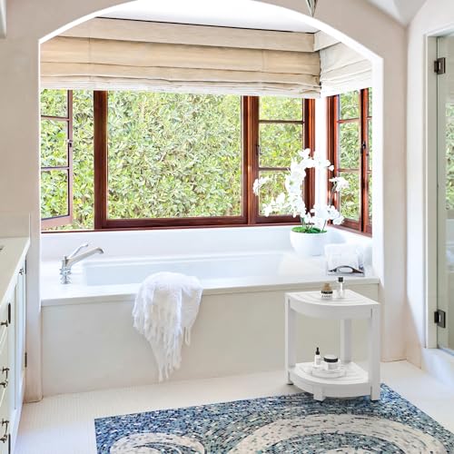 White HDPS Corner Shower Stool with Storage Shelf
