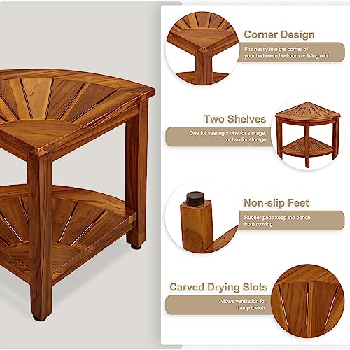 18” Teak Shower Bench with Storage Shelf, Corner Seat