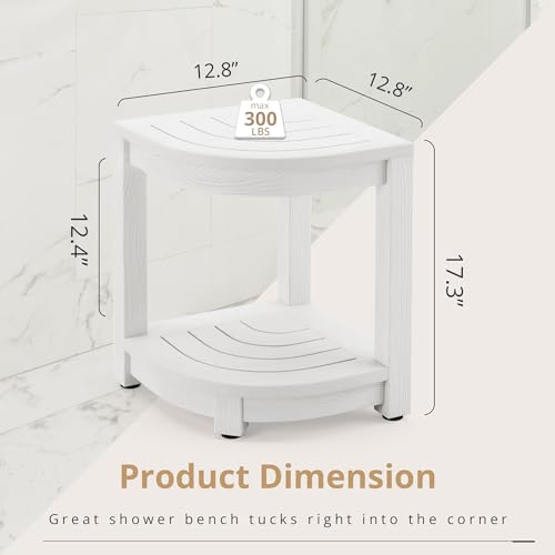 White HDPS Corner Shower Stool with Storage Shelf