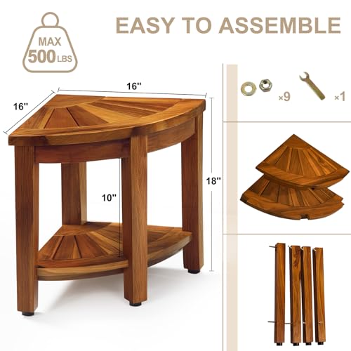18” Teak Shower Bench with Storage Shelf, Corner Seat