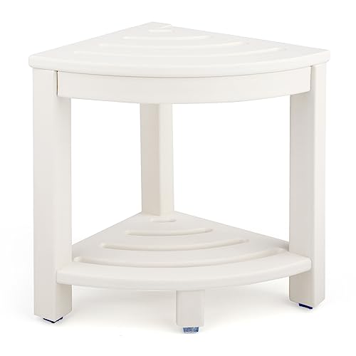 White Corner Shower Stool with Storage Shelf