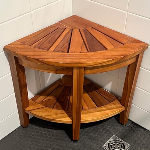 18” Teak Shower Bench with Storage Shelf, Corner Seat